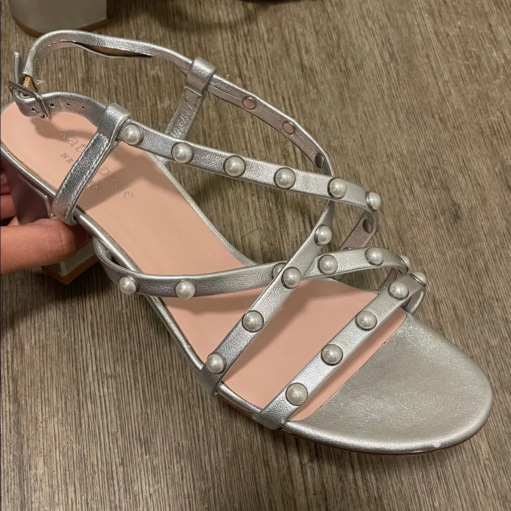 Kate Spade New York Silver Pearl-Studded Block Heel Wynne Sandals – Size 8M - Image 4