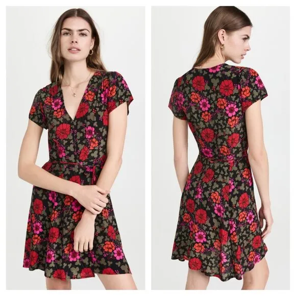 Rolla's Cleo Rambling Floral Wrap Dress Short Sleeve Mini Black Red Women's XS - Image 2