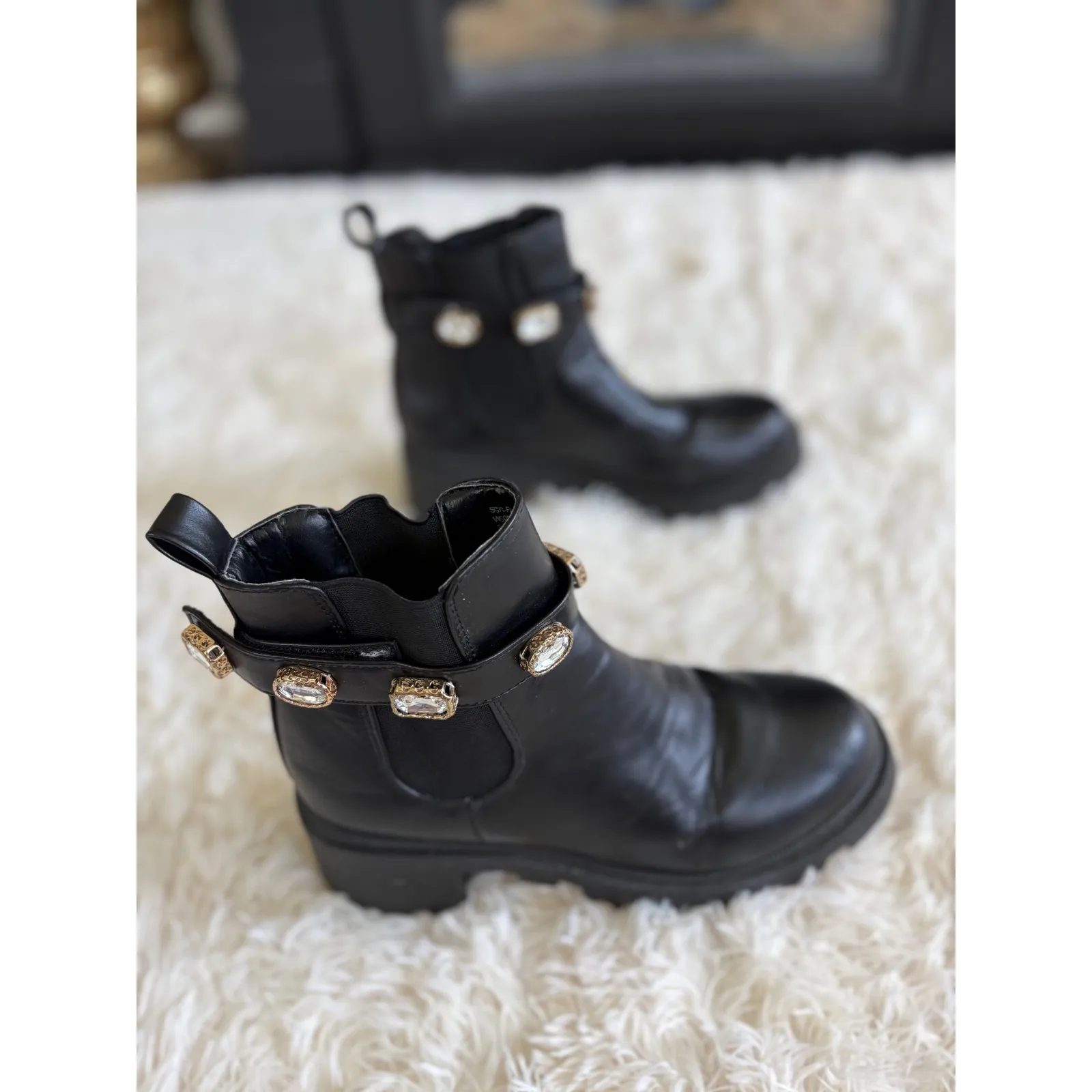 SUGAR Black Lug Sole Chelsea Boots with Jeweled Strap Detail Ankle‎ Booties Size 7.5 - Image 3
