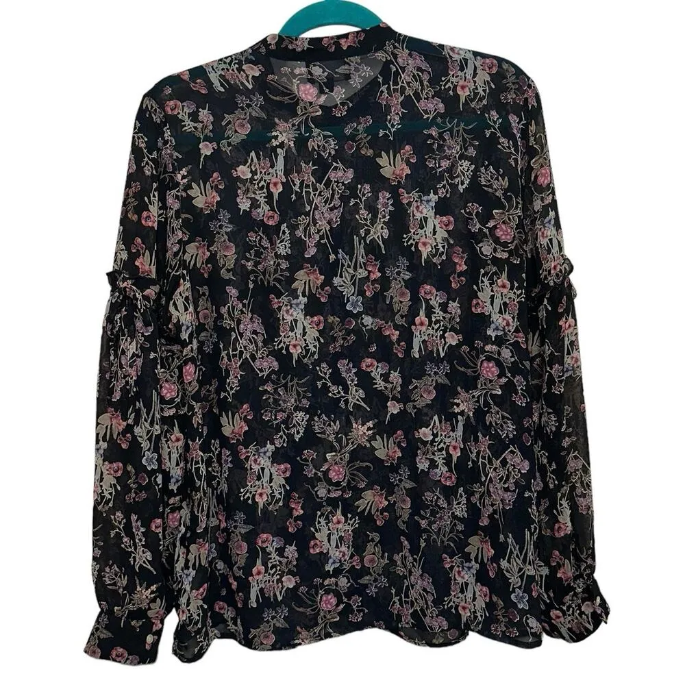 Lumiere Navy Floral Sheer Button Down Blouse Blue Size L - Image 4