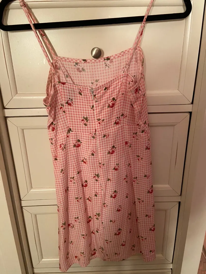 Pink Checkered And Floral Print Dress - Image 7