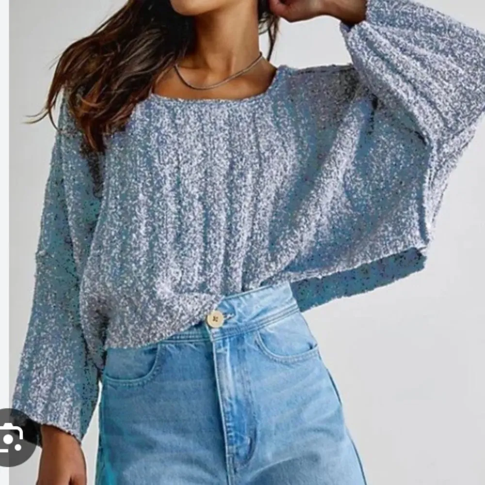 Free People Good Day Cropped Pullover Sweater. Blue/white Size Large - Image 2