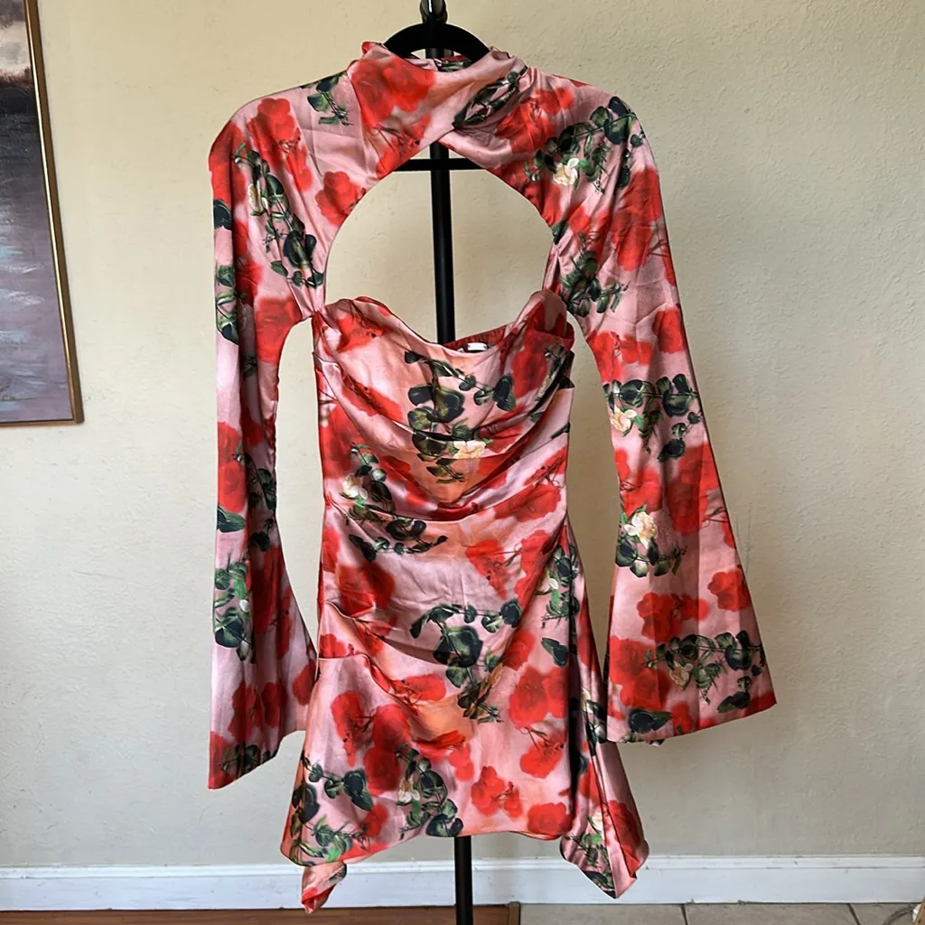 House of CB ‘Toira’ Satin Rose Print draped corset mini dress NWOT‎ size XS - Image 3