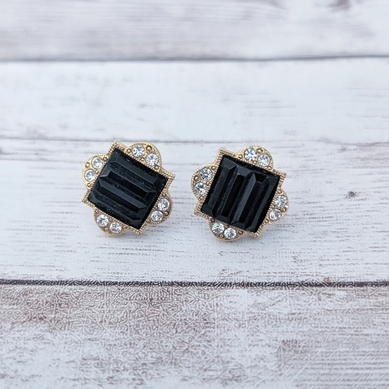 Vintage Earrings for Pierced Ears Dainty Black, Clear Gem, Gold Tone Black - Image 2