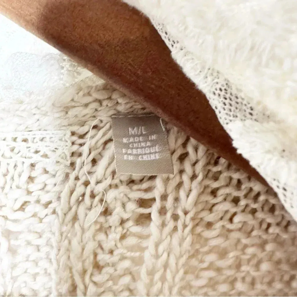 KNITTED & KNOTTED Anthropologie Beige Tan Open Cardigan White Lace Trim Long M/L - Image 5