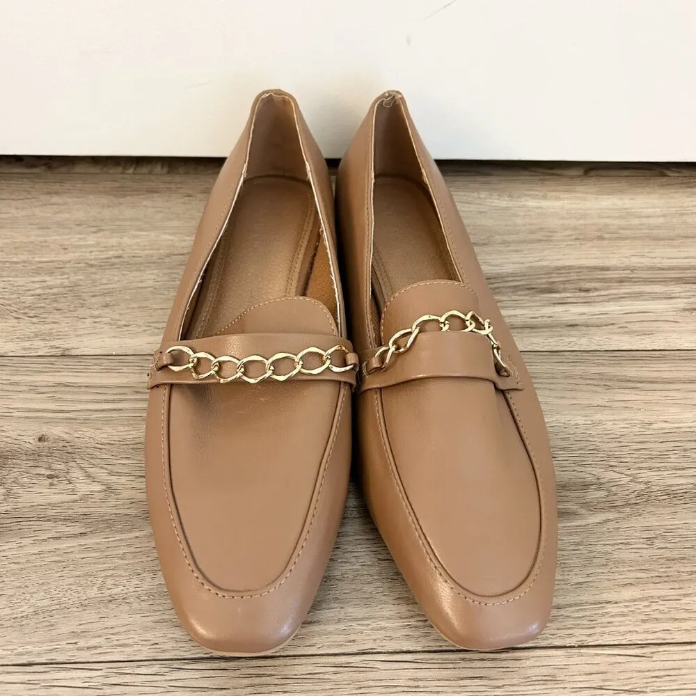 ASOS Faux Leather Tan Brown Chain Loafers Size 8 - Image 5