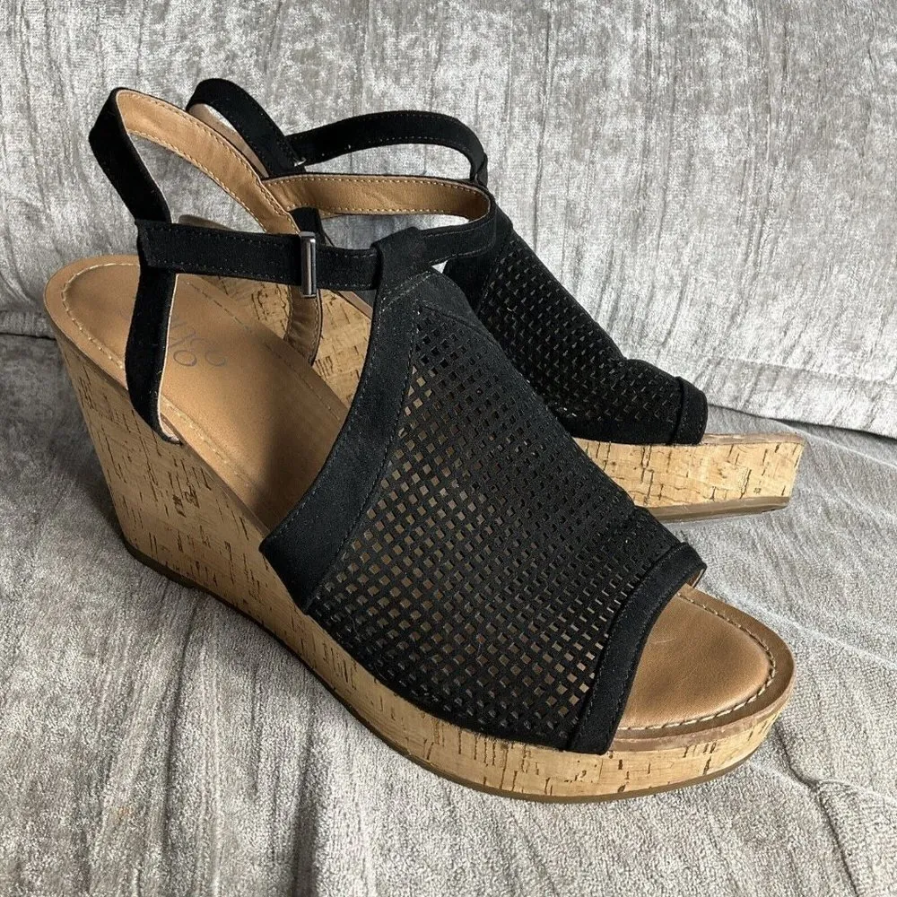 Franco Sarto Heels Womens 11 M Perforated Strappy Slingback Black Wedge Sandals - Image 12
