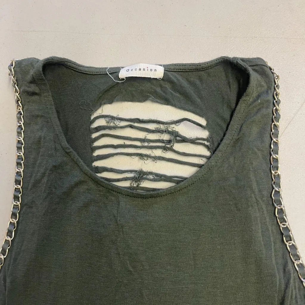 Occasion Summer Sleeveless Green Distressed Hollowed Out Retro Rock Tank Women M Size M - Image 3