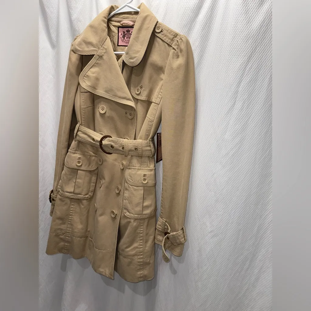 NEW Y2K Vintage Juicy Couture Cotton Double-Breasted Tan Beige Small Trench Coat - Image 3