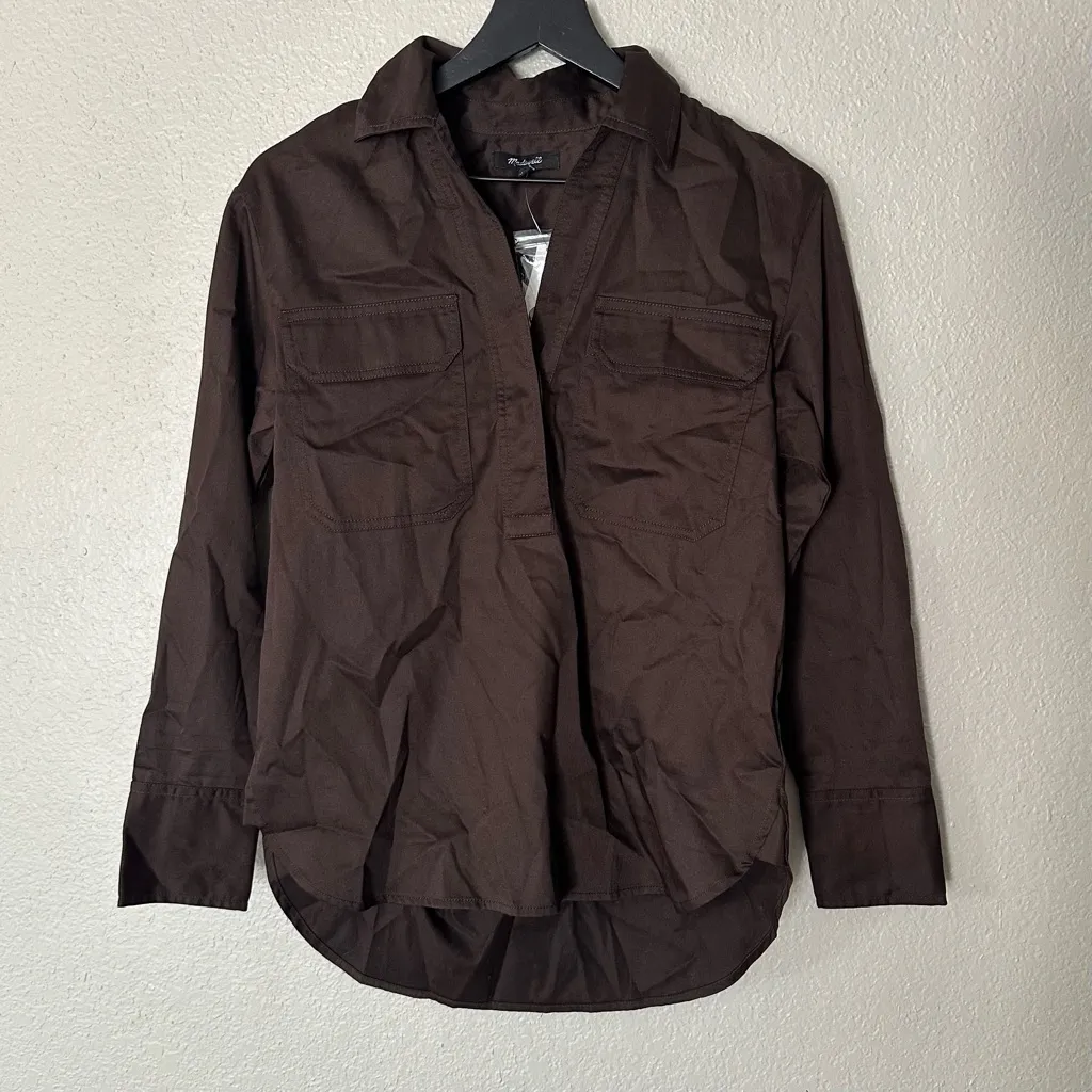 Madewell Top‎ Womens Utility Long-Sleeve Popover Brown Size XXS NEW - Image 4