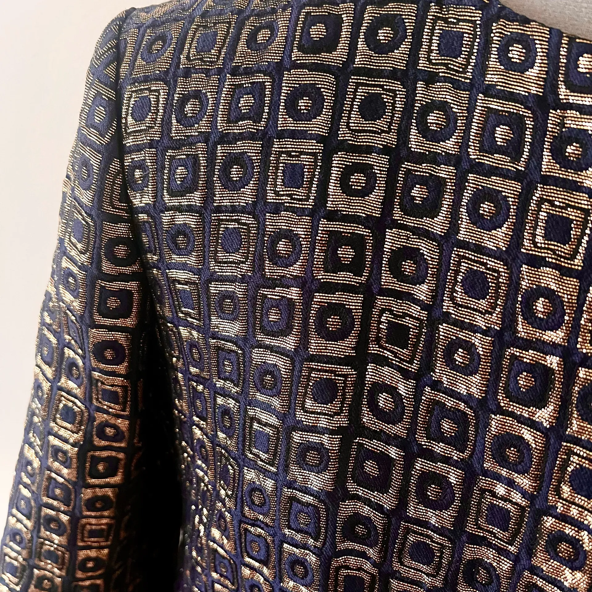 S MAX MARA Woven Metallic Blue-Gold Geometric Square Pattern Coat, US 8, FB 40 - Image 6