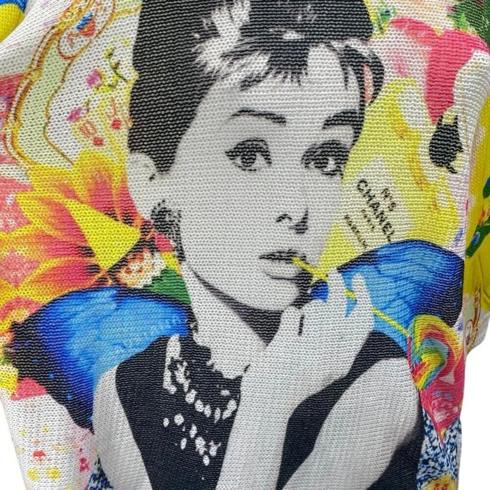 Women's Multicolor Audrey Hepburn Comics Knit Half Sleeve Sweater Top Size 3 Yellow - Image 4