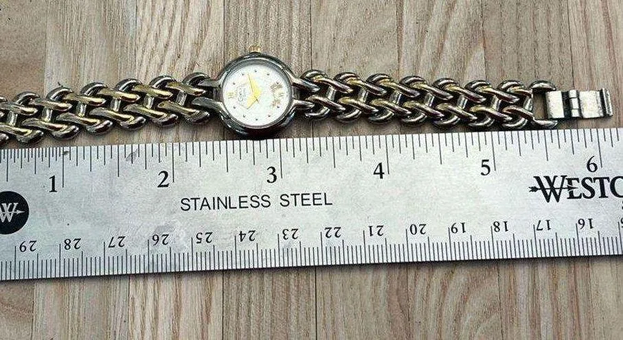 Caravelle by Bulova Ladies Watch Two Tone Weave Bracelet Silvery Dial Gold hands - Image 9