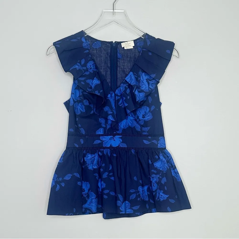 Kate Spade New York Blue Hibiscus Ruffle Neck Sleeveless Cotton Blouse Size 2 - Image 14