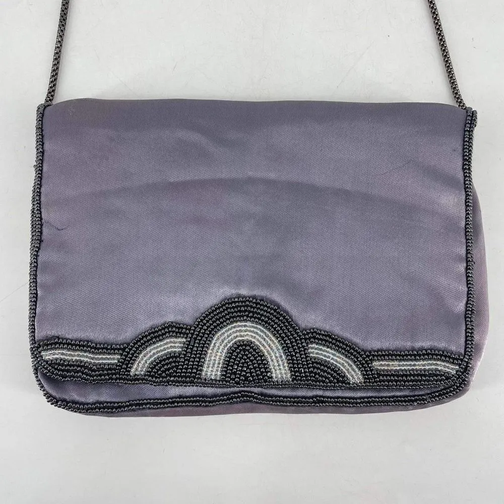Vintage Women's Chain Strap Beaded Flap Front Shoulder Bag Purple clutch Medium - Image 14