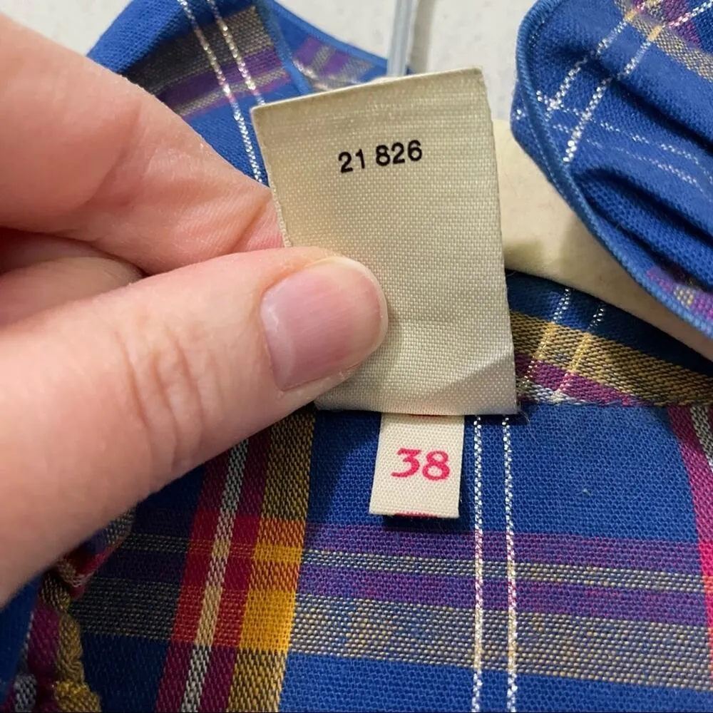 Vintage Blue & Orange Plaid Ruffled Asymmetrical Button Up Blouse Womens S 70s - Image 9
