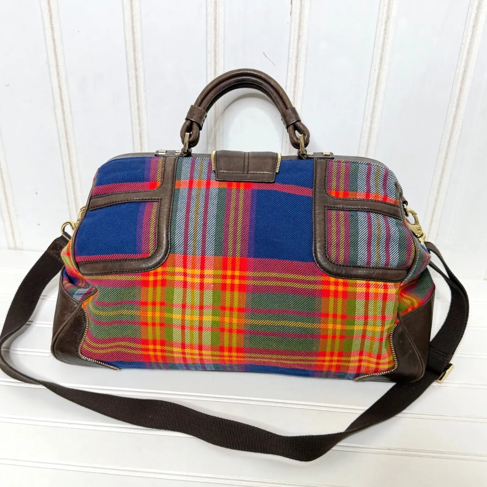 L.A.M.B. Plaid Satchel Doctor Bag Leather Trim Crossbody Strap Gold - Image 3