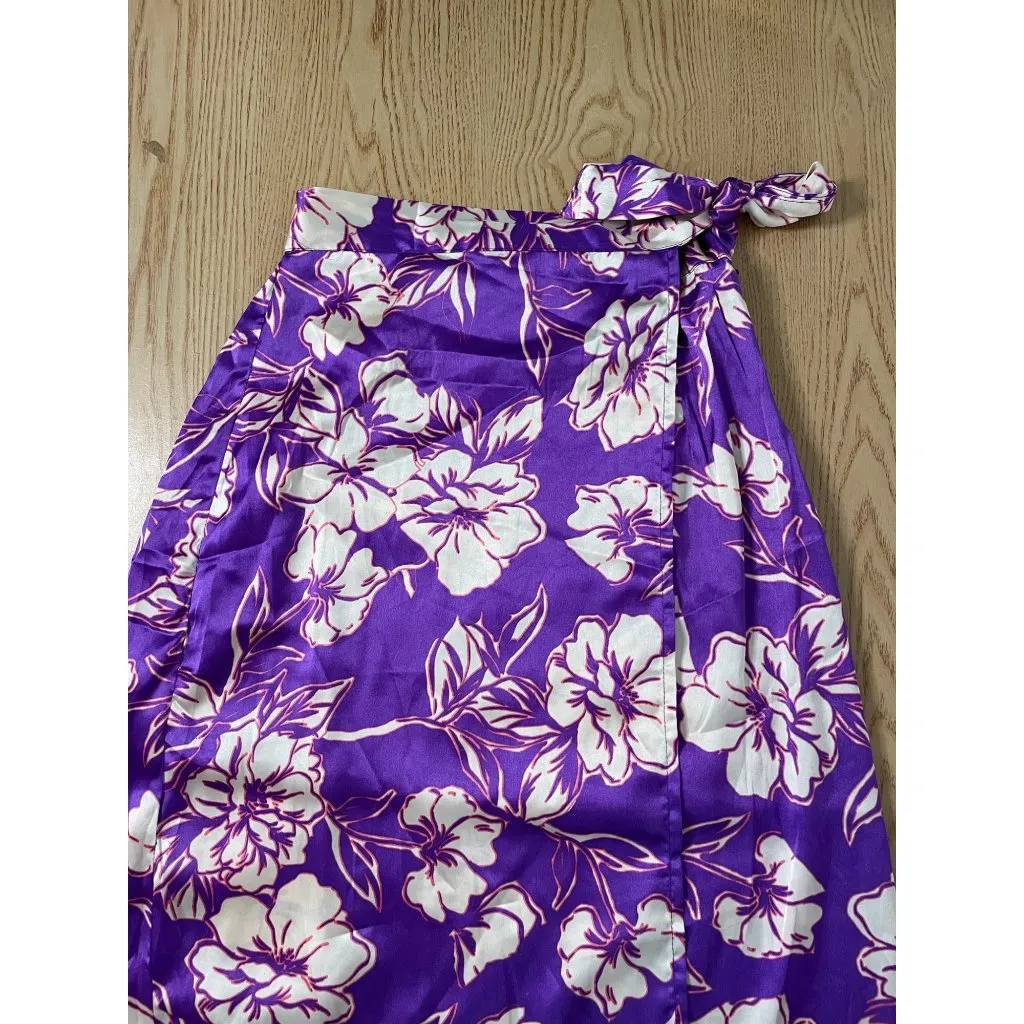 B60 New Women’s Japna Silky Feel Floral MIDI Faux Wrap Look Skirt Purple Small - Image 2