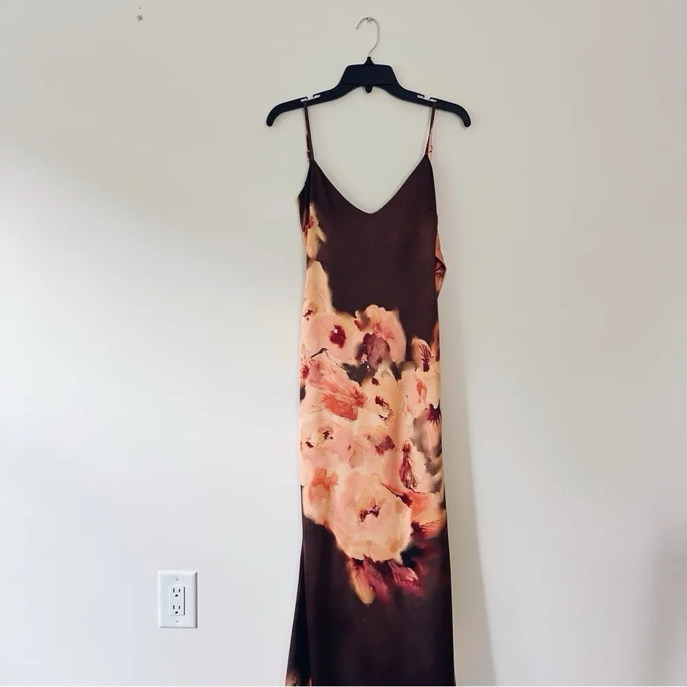 House of CB Mariamma Dark Brown Floral Printed Satin Maxi Dress - Image 8