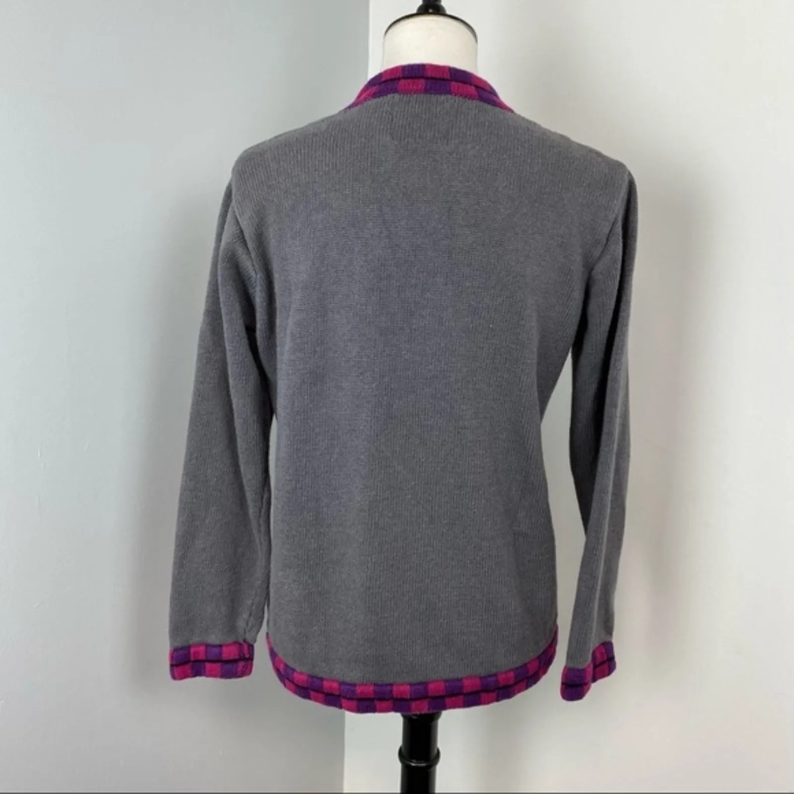 Storybook Knits Beautiful Colorful Whimsical Floral Knit Cardigan Small Gray - Image 6