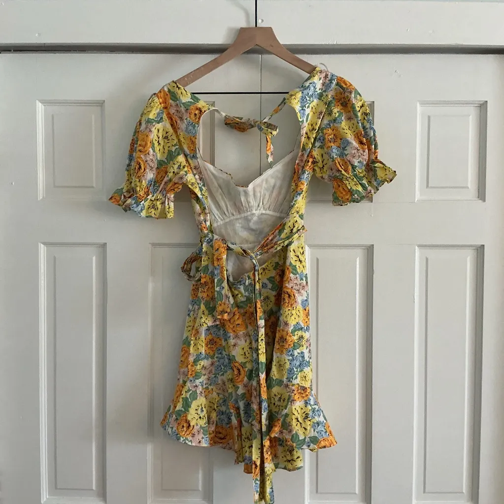 Indikah Floral Yellow and Blue Dress with open back size small - Image 3