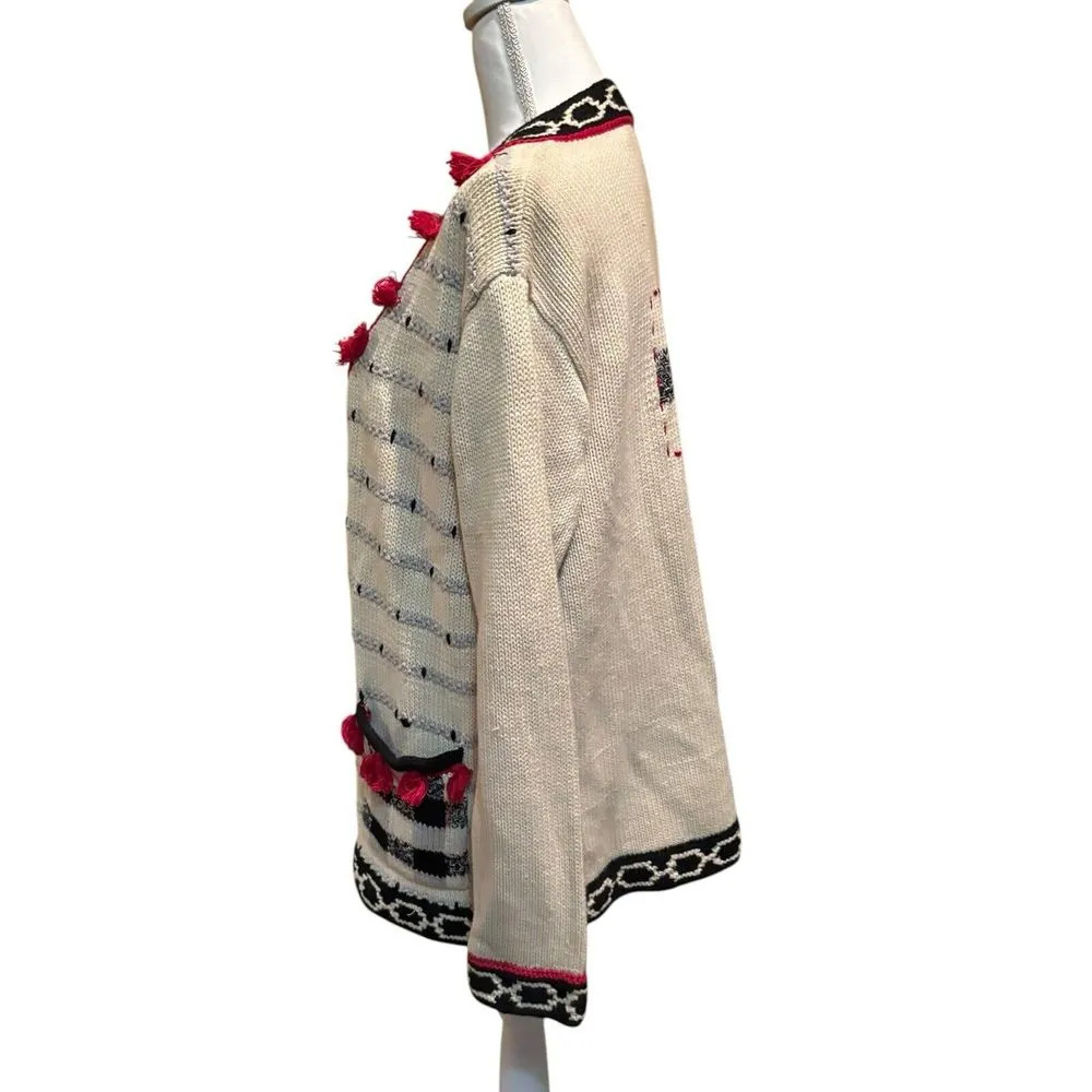 Storybook Knits‎ Cardigan Sweater Cream Black Red Rooster Size Small Tassels - Image 3