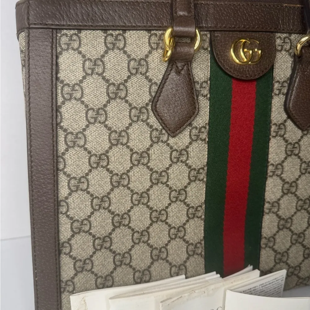 Gucci GG Supreme Monogram Web Medium Ophidia Tote Bag Brown. - Image 3