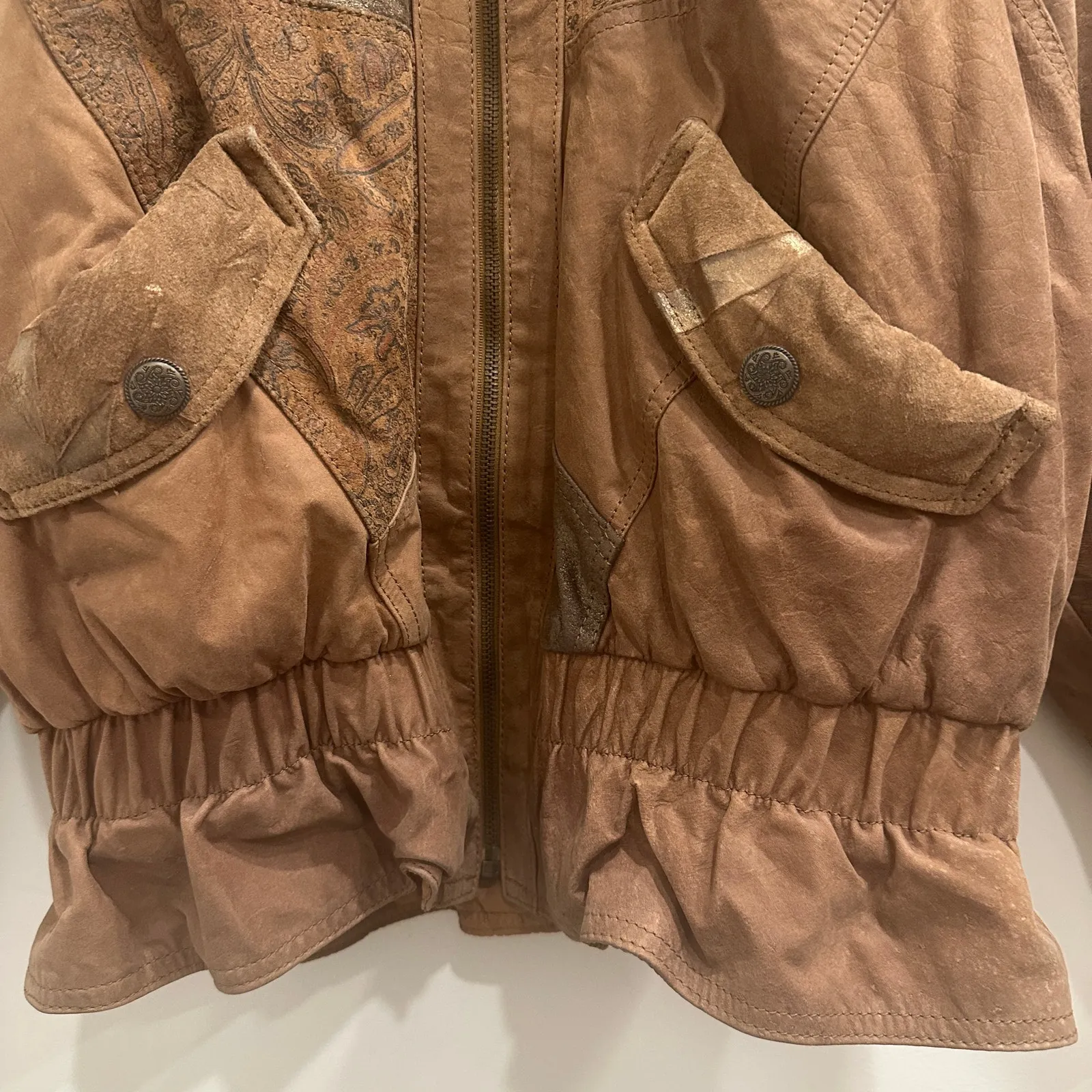 VTG 80s LNR Tan Brown Metallic Patchwork Leather Bomber Jacket Boho Retro Small - Image 5