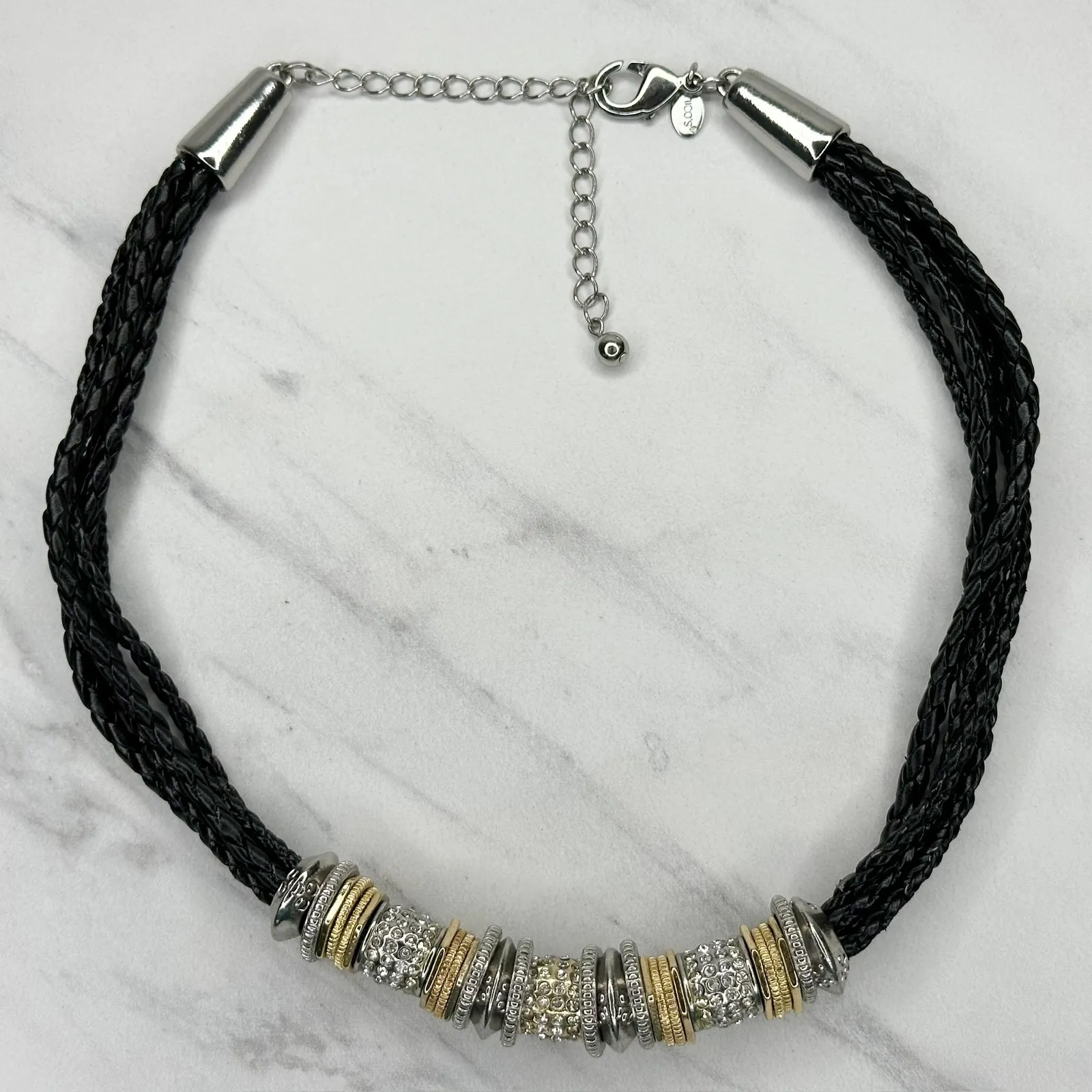 Chico's Rhinestone Silver and Gold Tone Black Braided Cord Necklace ✨ - Image 2