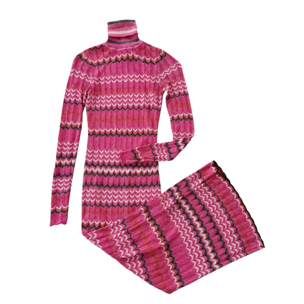 KAREN MILLEN Patterned Sparkle Knit Roll Neck Jacquard Midi Dress Punk Size XS - Image 7