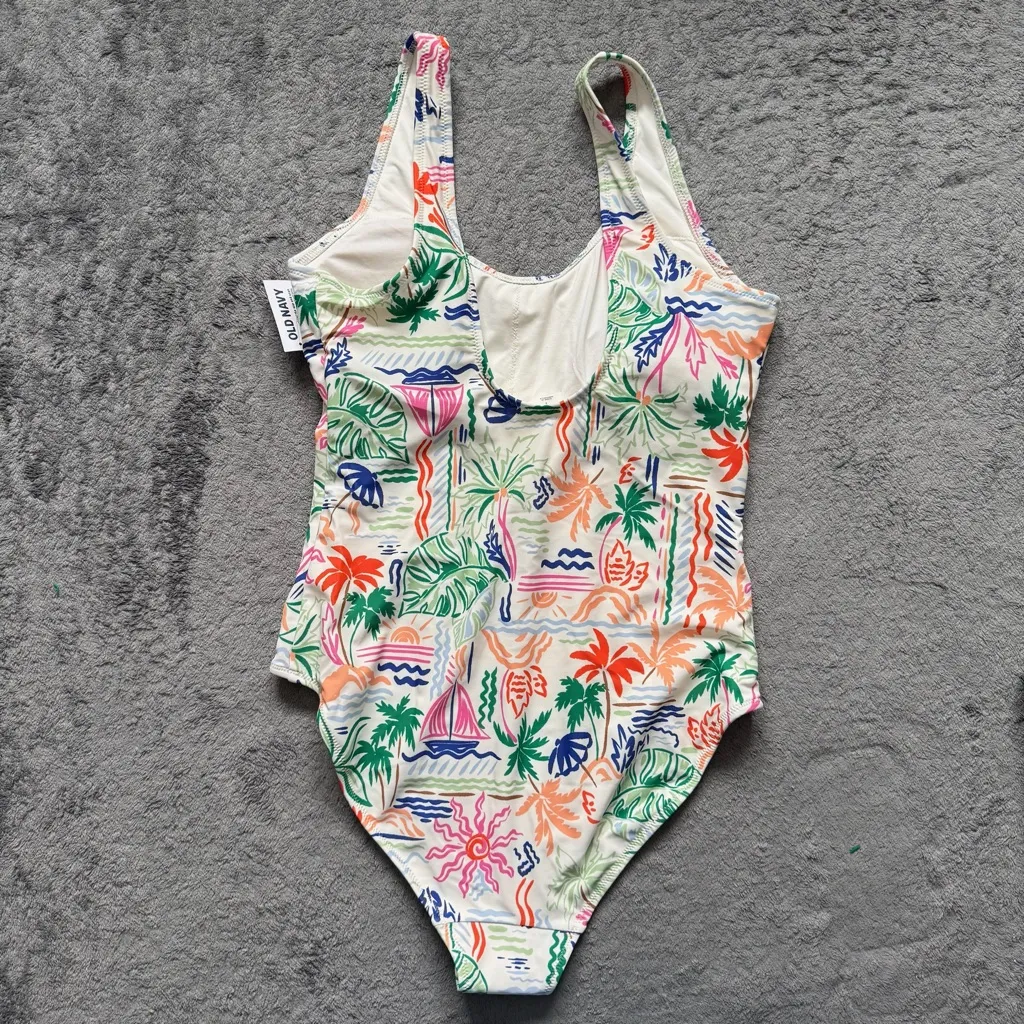 Old Navy Matte One-Piece Swimsuit Scoop Neck Wide Straps Watermelon Palm Print - Image 2