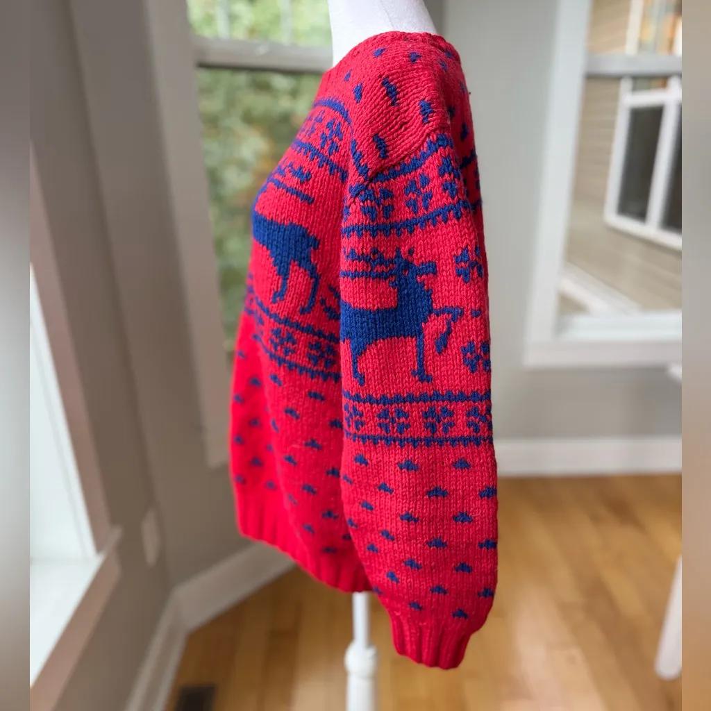 Vintage Hand Knit Wool Ralph Lauren Red Cobalt Blue Reindeer Sweater Sz Medium - Image 3