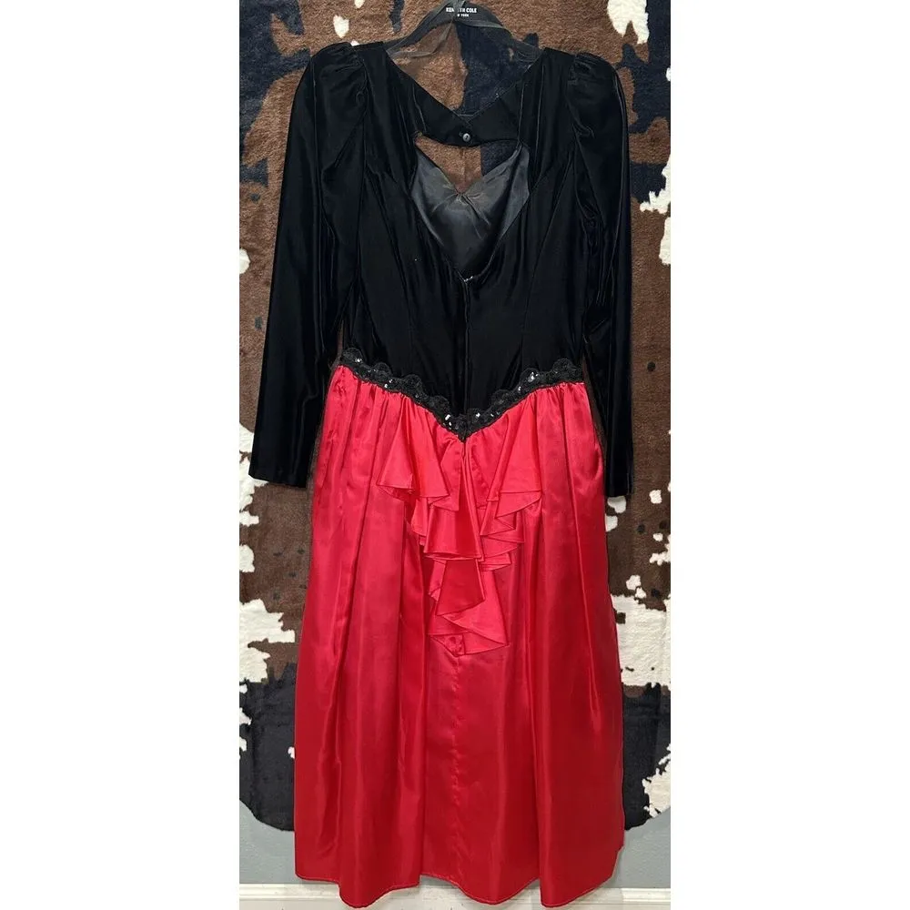 VTG 80s McClintock Velvet Top Dress 10 Black Sequin Lace Red Silk Victorian Goth - Image 2
