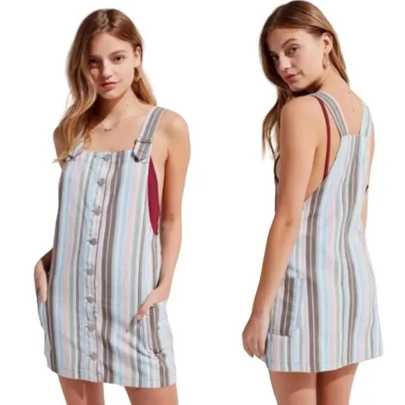 BDG Pastel Lollipop Stripe Button Front Denim Overall Mini Dress Sleeveless Blue - Image 2