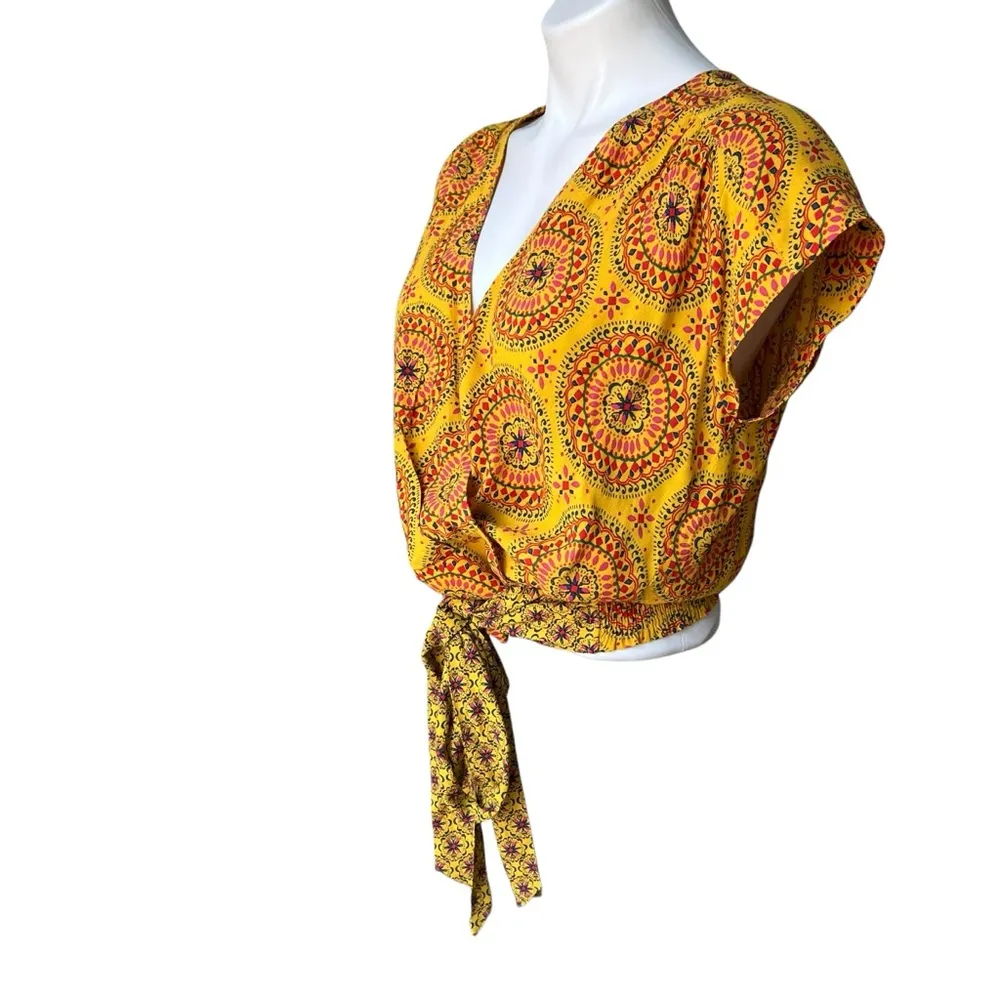 Anthropologie Maeve Cap Sleeve Wrap Top Mixed Media Yellow Printed Blouse, Sz S - Image 10
