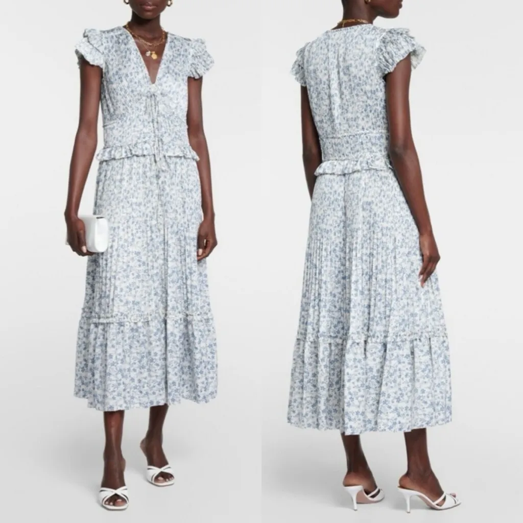 Polo Ralph Lauren Olea Floral Plisse Satin Blue White Floral Pleated Midi Dress - Image 2