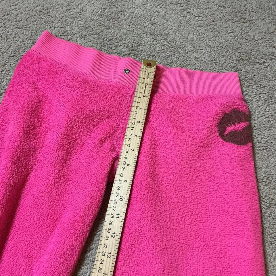 Y2K Pink Terry Cloth Kiss Embellished Fleece Flare Pants Size Medium - Image 5