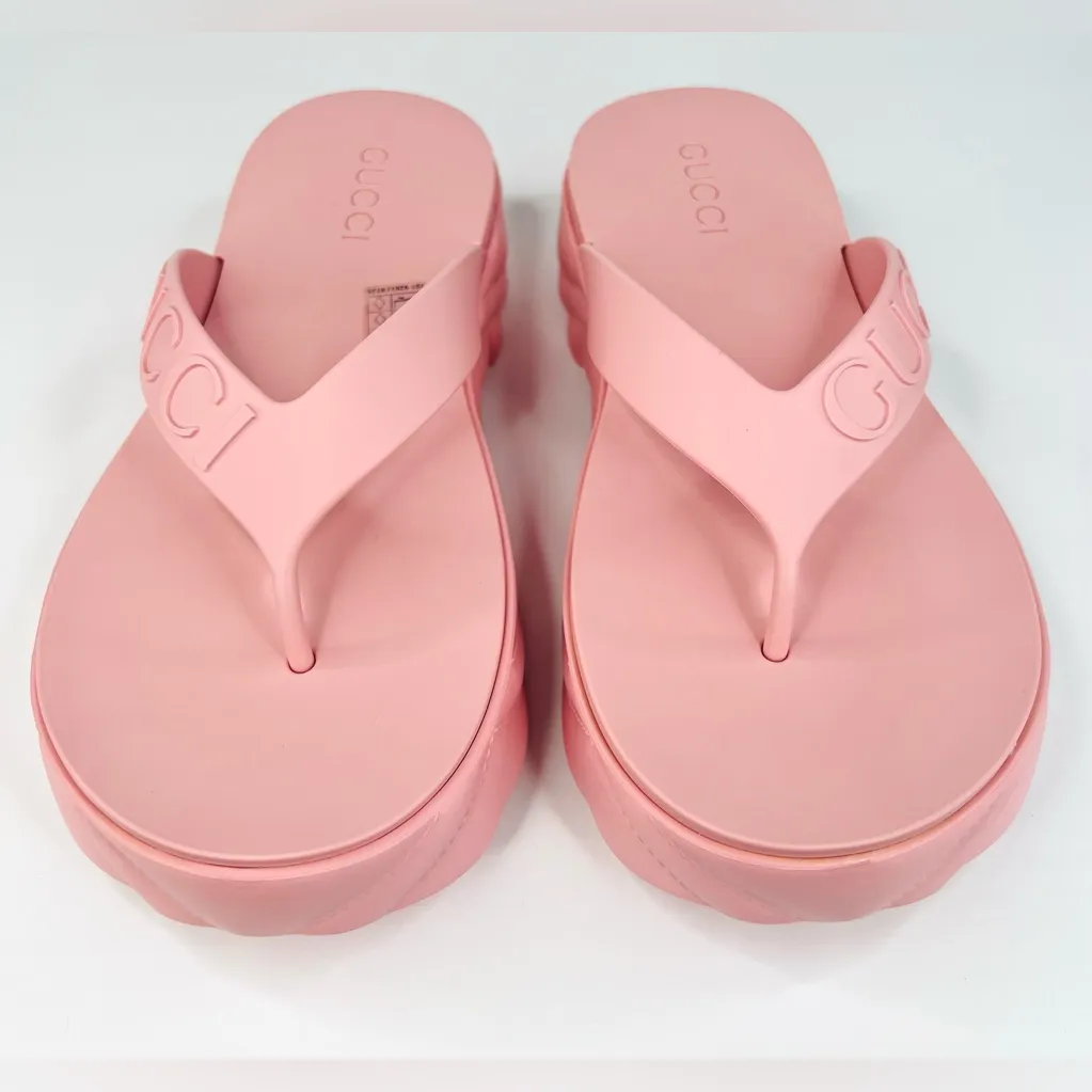 Gucci Platform Thong Pink Rubber Women Logo Chevron Comfort Sandals Size EU 39 - Image 6