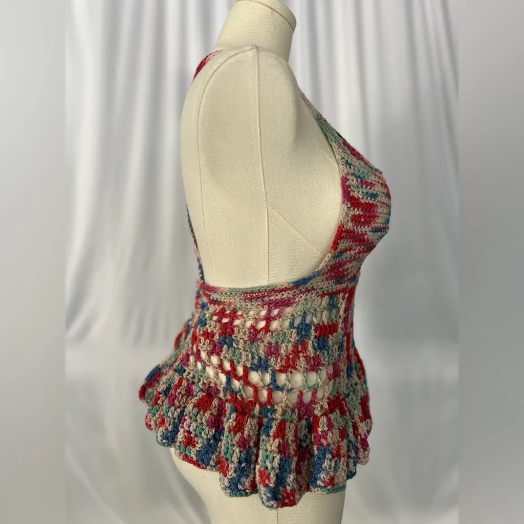 Handmade Crochet Halter Top Boho Cutout Peplum Multicolor (1071) - Image 4