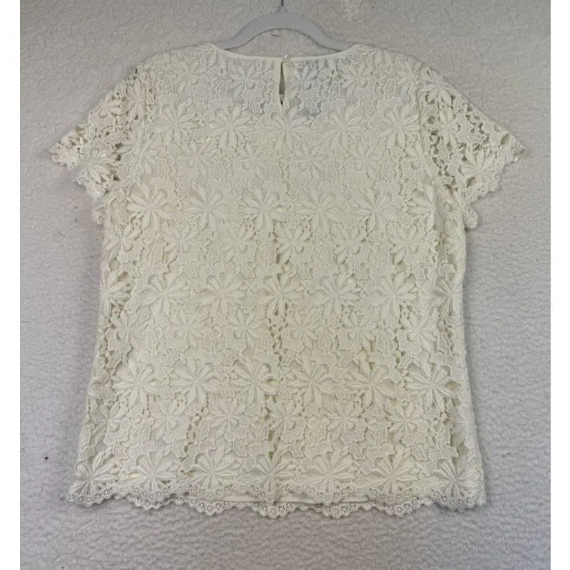 NEW Talbots Shirt Womens 14‎ Ivory Floral Lace Short Sleeve Scalloped Hem Casual - Image 2