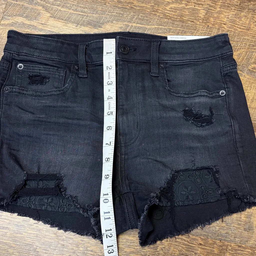 American Eagle Women’s 6 Hi Rise Shortie Shorts Black Jean Distressed Lace NEW - Image 7