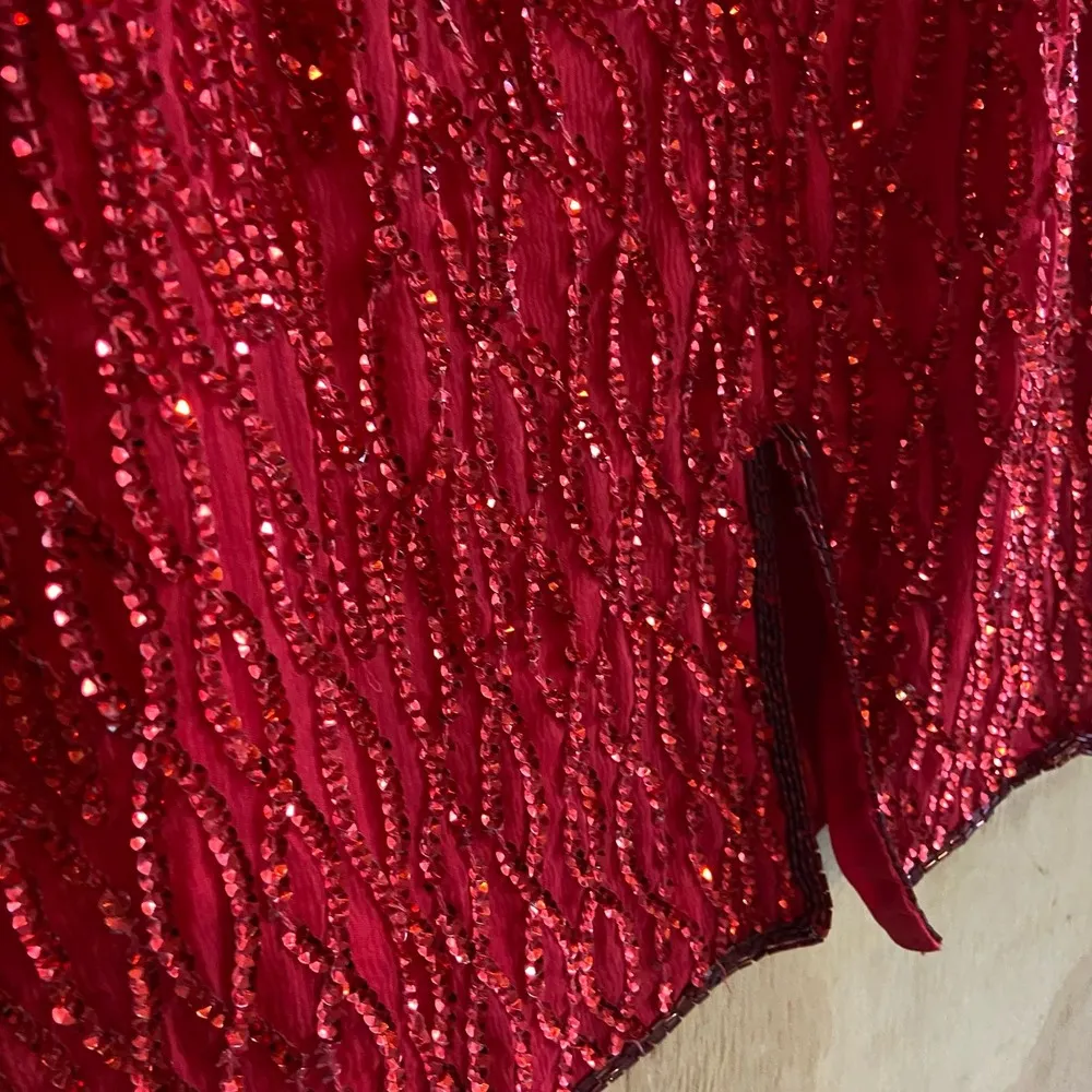Vintage Stenay 80s Red Silk Beaded Sequined Formal Cocktail Dress Sz L Size L - Image 3