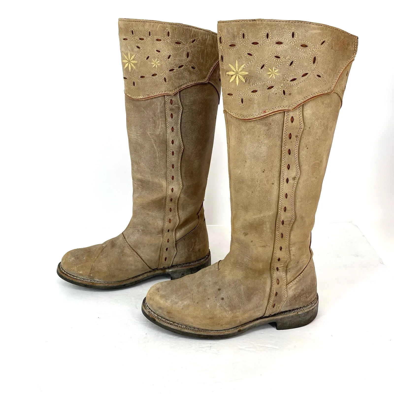 Joules Leather Riding Boots Embroidered Distressed Tan Women's Size US 8 UK 6 - Image 3