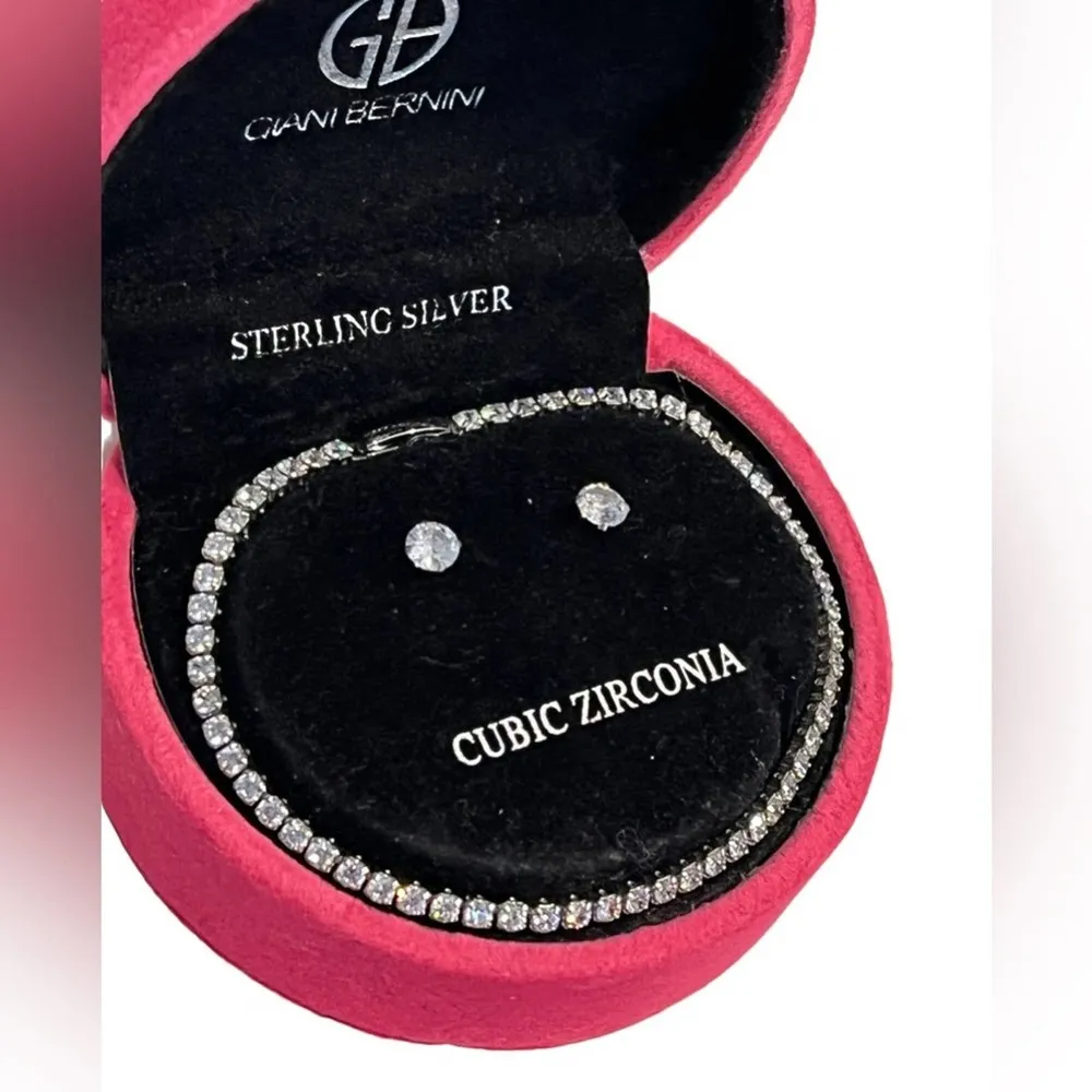 Giani Bernini Tennis BRACELET & Stud EARRINGS Set Sterling Silver & CZ Solitaire - Image 2