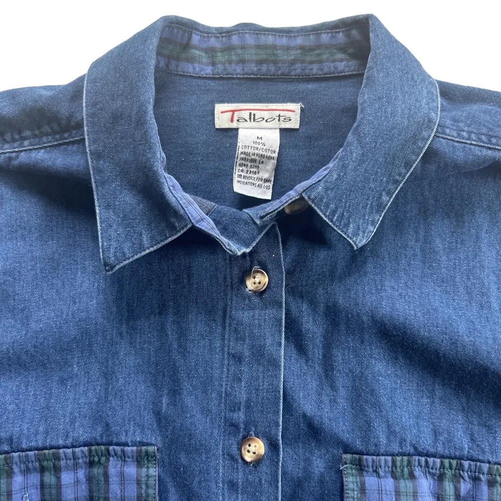 Talbots size M 70s Vintage dark wash denim button down shirt w/ plaid pockets - Image 3