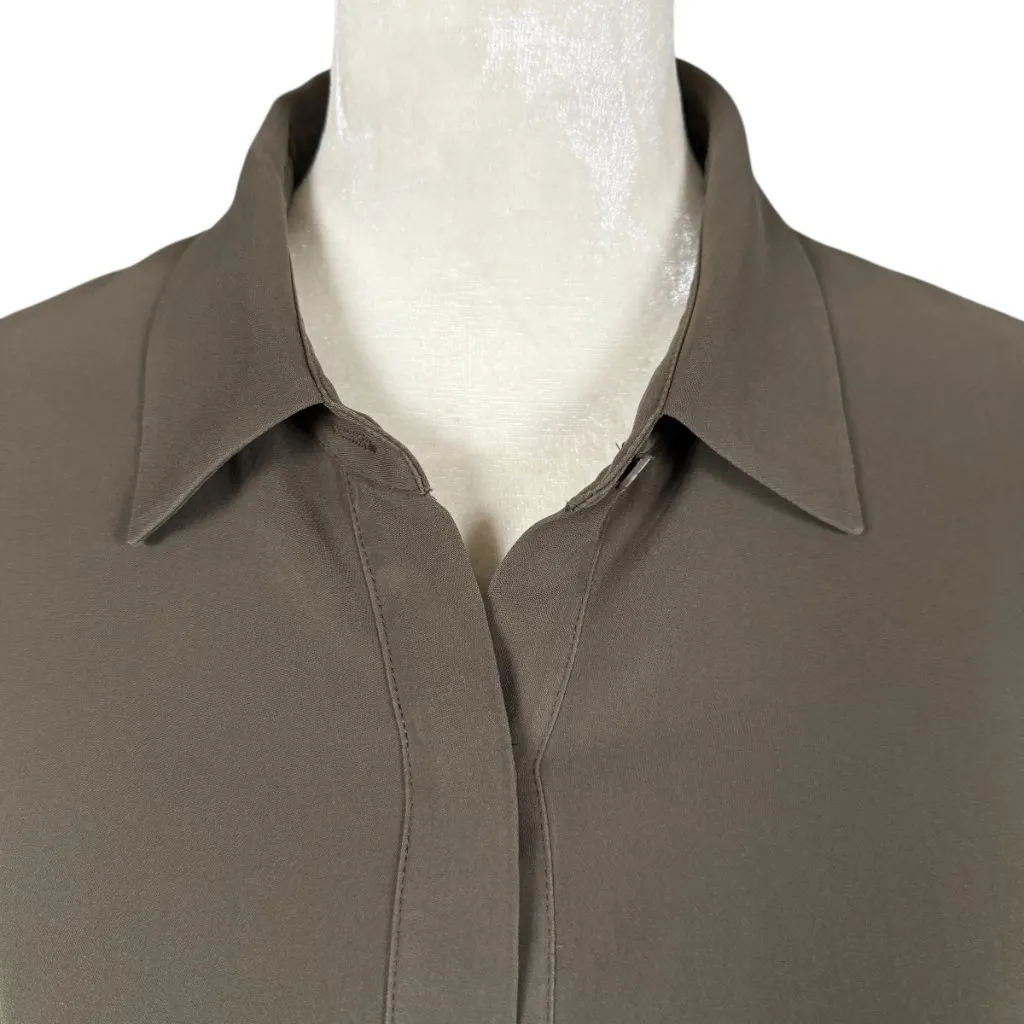 Theory silk olive green long sleeve collared button down sheer blouse women's S - Image 5