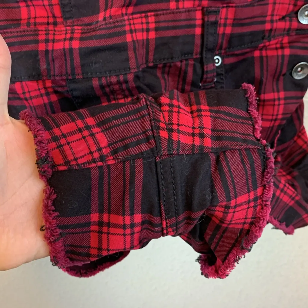 HT Denim Shortall sz XL buffalo plaid overall shorts festival summer casual goth Red - Image 7