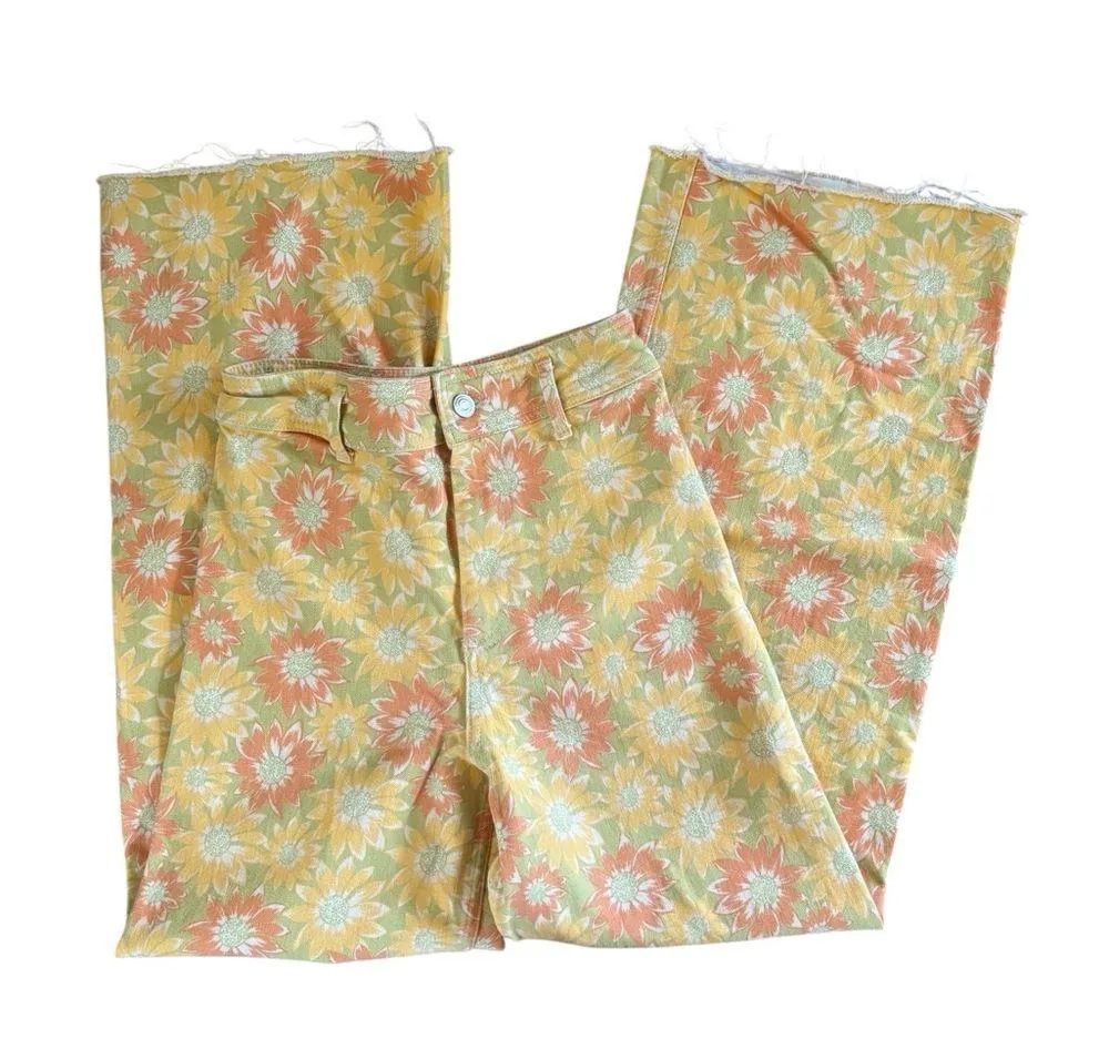 Zara Marine Straight High Waisted Yellow Sun Flower Denim Jean Sz 4 Ragged Hem - Image 5