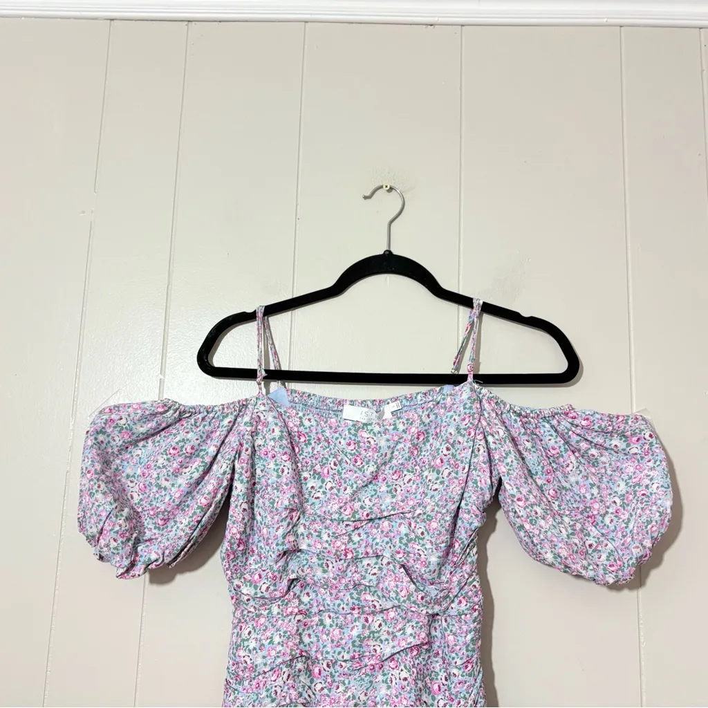 ASTR the Label Rushed Off Shoulder Blue Pink Ditsy Mini Floral Dress Size S - Image 4