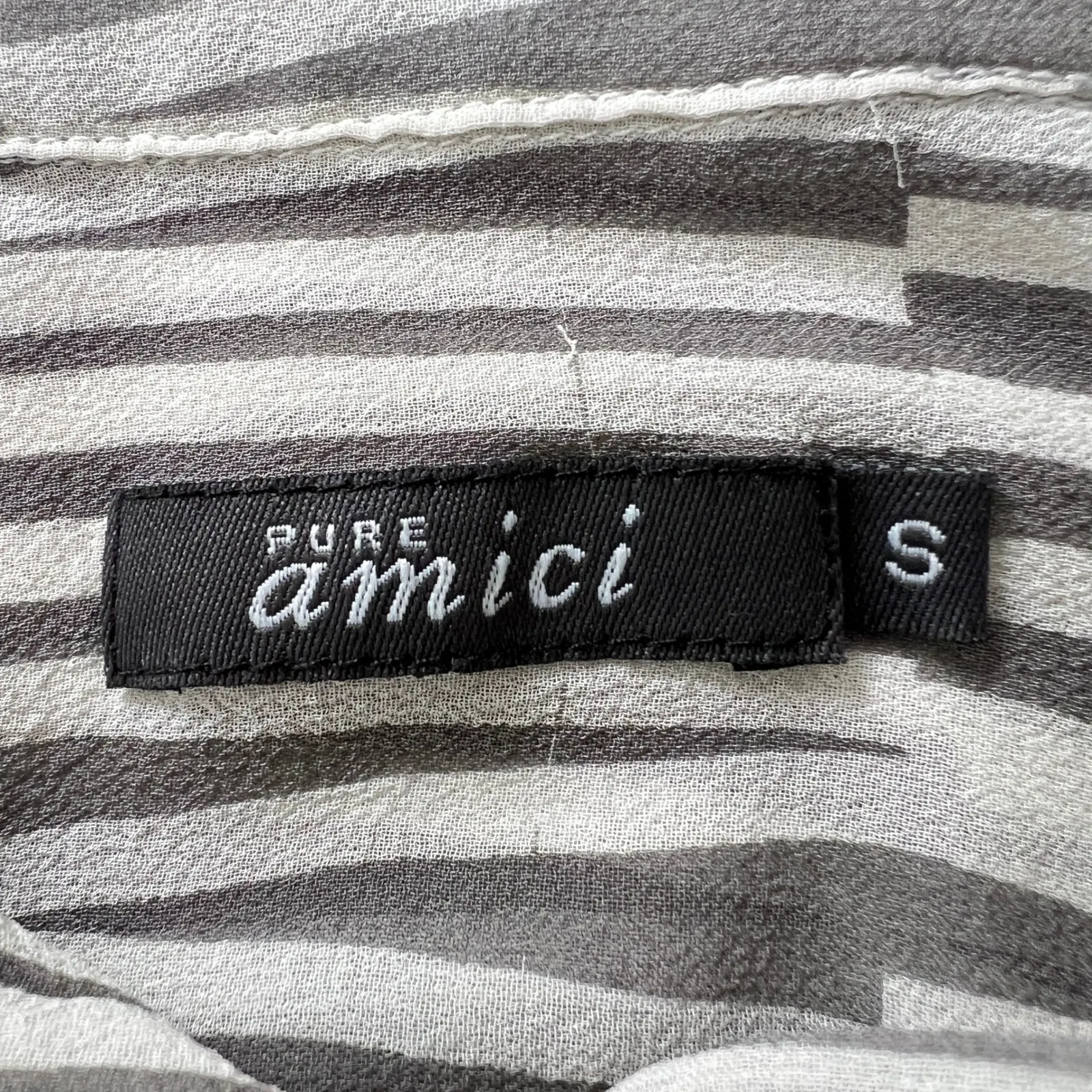 Pure Amici Silk Blouse Women Small 100% Silk Sheer Stripe Button Down Gray White - Image 4